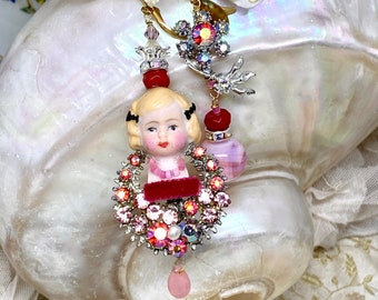 Lilygrace Earrings Asymmetric Vintage Doll Bust with Vintage Rhinestone Brooch, Freshwater Pearl, Jade, Vintage Glass Beads & Velvet Ribbon