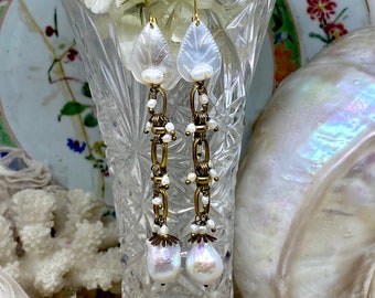 Lilygrace Earrings, Long Statement with Vintage Mother of Pearl, Vintage Brass Chains, Freshwater Pearls and Large Baroque Freshwater Pearls