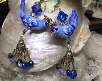 Lilygrace Earrings  Handpainted  Bluebirds with Crowns, Vintage Rhinestones & Vintage Glass Beads