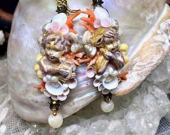 Lilygrace Earrings, Shell Art Gold Busts w Turban Shell, Freshwater Pearl, Venetian Pearl Shells, Rose Cup Shells and Vintage Coral Branches