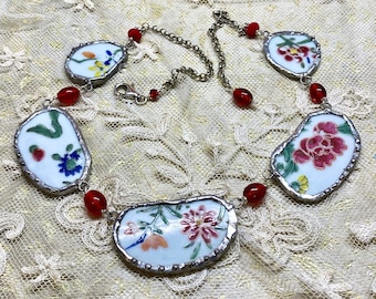 Lilygrace Necklace Upcycled Victorian Floral China with Vintage Glass Beads