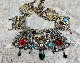 Lilygrace Necklace - Colourful Steampunk Flies with Beetle Wings, Jade, Watch Cogs, Vintage Rhinestones and Vintage Rhinestone Brooches