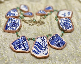 Lilygrace Necklace Upcycled Blue and White Willow Pattern China with Vintage Glass Beads