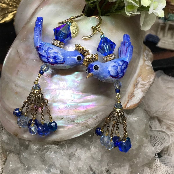 Lilygrace Earrings  Handpainted  Bluebirds with Crowns, Vintage Rhinestones & Vintage Glass Beads