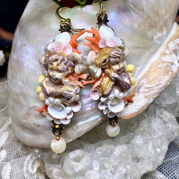 Lilygrace Earrings, Shell Art Gold Busts w Turban Shell, Freshwater Pearl, Venetian Pearl Shells, Rose Cup Shells and Vintage Coral Branches