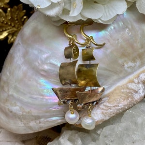 Lilygrace Earrings Handmade Handcut Brass Simple Tall Ship Pirate Galleon with Baroque Freshwater Pearls image 1