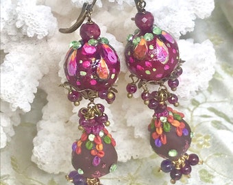 Lilygrace Burgundy Floral Earrings with Rubies, Amethysts, Garnets, Hand modelled Polymer Clay Beads and Handpainted Beads with Rhinestones