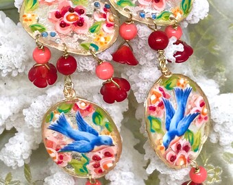 Lilygrace Hand Painted  Floral Bluebird Handmade Wire Earrings with Resin, Silver Leaf and Real Coral Beads