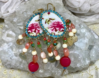 Lilygrace Earrings Cameo Rose Trails with Vintage Mother of Pearl, Vintage Glass Beads, Apatite, Vintage Rhinestones and Jade