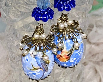 Lilygrace Blue Handpainted Bird Earrings with Freshwater Pearls and Glass Pearls