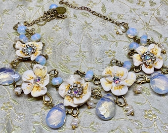 Lilygrace Ivory Rose Statement Necklace with Vintage Rhinestones, Opalite Beads and Freshwater Pearls