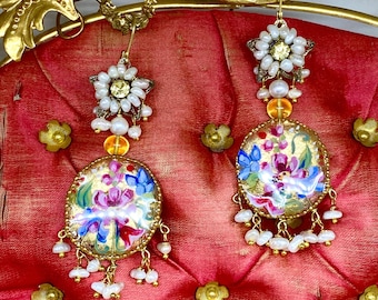 Lilygrace Earrings Statement Qajar Inspired Hand Painted with  Freshwater Seed Pearls, Gold Leaf and Pearl Flowers