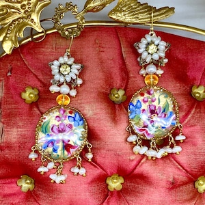 Lilygrace Earrings Statement Qajar Inspired Hand Painted with  Freshwater Seed Pearls, Gold Leaf and Pearl Flowers