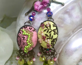 Lilygrace Hand Beaded Cameo Earrings in Pink and Green with Vintage Rhinestones, Freshwater Seed PearlsJade and Crystal beads