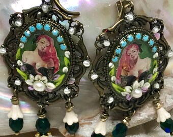 Lilygrace Earrings Green Pin Up Girl Cameo  with Vintage Rhinestones, Glass Flower Beads and Freshwater Pearls