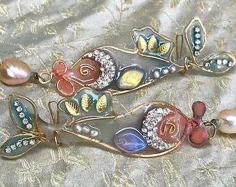 Lilygrace Earrings Pastel Resin Fish Earclimber  with Vintage Rhinestones and Freshwater Pearls