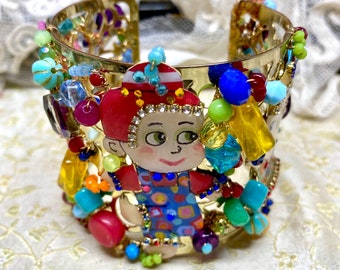 Lilygrace Cuff Bracelet Hand Painted Kawaii Children with Vintage glass beads, Freshwater Pearls, Coral, Turquoise and Jade