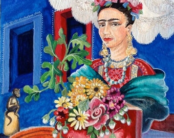 Original Painting, Frida in her Wheelchair with a Monkey