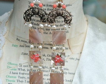 Lilygrace Earrings Mother of Pearl  with Freshwater Seed Pearls and Coral
