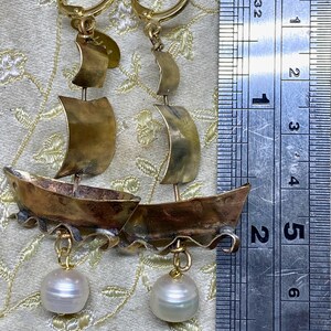 Lilygrace Earrings Handmade Handcut Brass Simple Tall Ship Pirate Galleon with Baroque Freshwater Pearls image 8