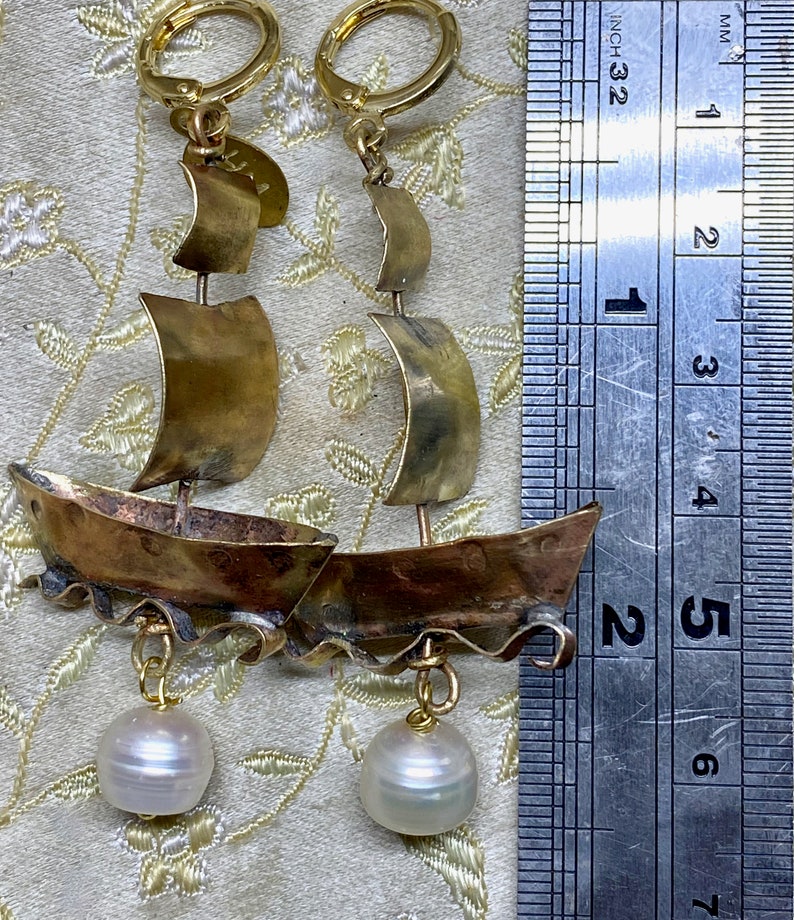 Lilygrace Earrings Handmade Handcut Brass Simple Tall Ship Pirate Galleon with Baroque Freshwater Pearls image 8