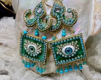 Lilygrace Earrings Lucky Talisman Eyes with Turquoise, Gold Leaf, Balsa wood, Vintage Rhinestones, Poly Clay and Glass Beads