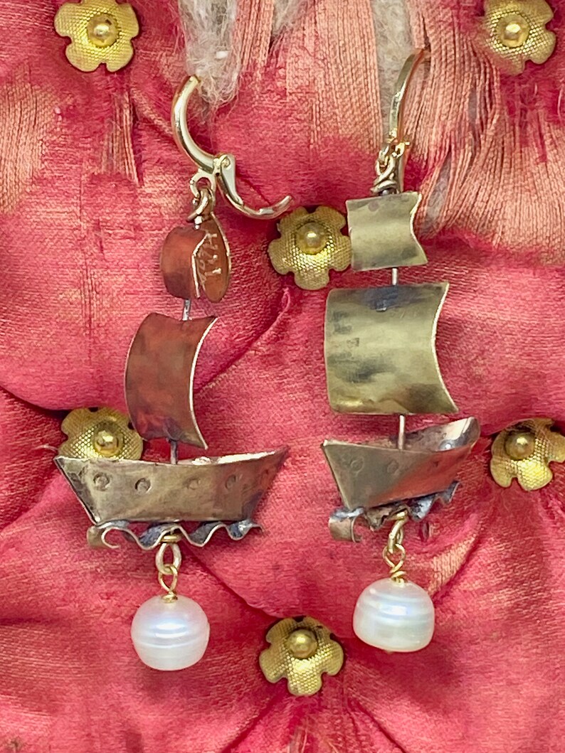 Lilygrace Earrings Handmade Handcut Brass Simple Tall Ship Pirate Galleon with Baroque Freshwater Pearls image 3