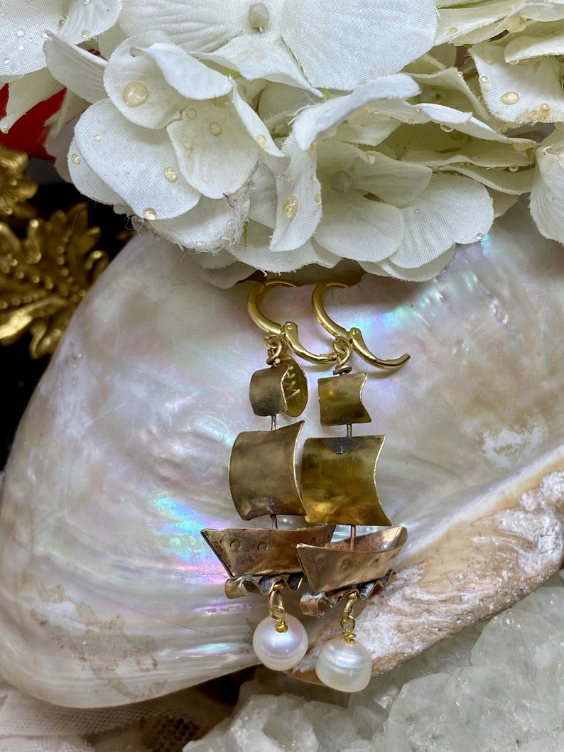 Lilygrace Earrings Handmade Handcut Brass Simple Tall Ship Pirate Galleon with Baroque Freshwater Pearls image 1