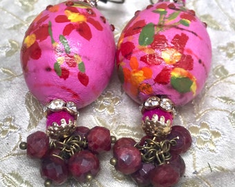Lilygrace Handpainted Pink Chinese Lantern Earrings with Indian Ruby Beads and Rhinestone Rondelles