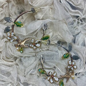 Lilygrace Hoop Bird Earrings with Handbeaded Flowers and Leaves Freshwater Pearls and Hand Hammered Brass Wire image 3