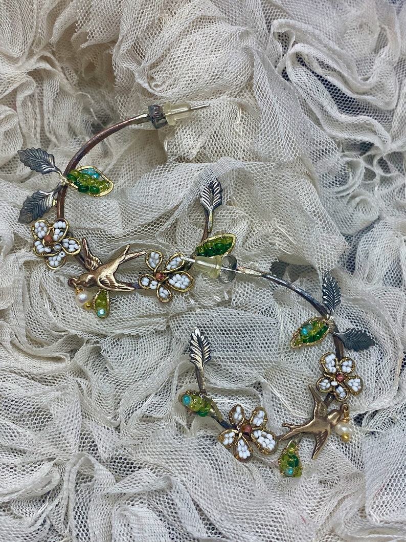 Lilygrace Hoop Bird Earrings with Handbeaded Flowers and Leaves Freshwater Pearls and Hand Hammered Brass Wire image 3