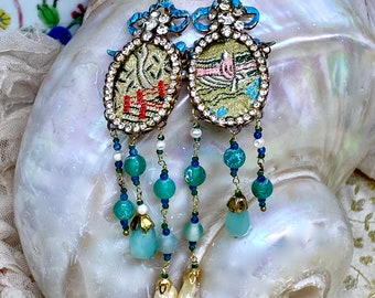 Lilygrace Willow Pattern Silk Jaquard Cameo Long Trail Earrings with Vintage Rhinestones, Apatite and Matt Agate Beads