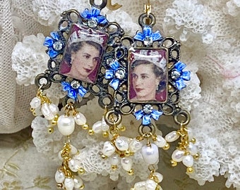 Lilygrace Young Elizabeth II Picture Frame Earrings with Sky Blue Brass Bows, Freshwater Pearls and Vintage Rhinestones