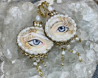 Lilygrace Earrings Hand Painted Lover's Eye with Crown, Vintage Rhinestones, and Vintage Freshwater Pearls