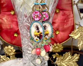 Lilygrace Earrings Gypsy Girl with Lute with Vintage Rhinestones, Vintage Mother of Pearl, Vintage Glass Beads and Vintage Jade