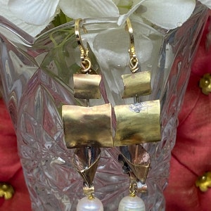 Lilygrace Earrings Handmade Handcut Brass Simple Tall Ship Pirate Galleon with Baroque Freshwater Pearls image 5