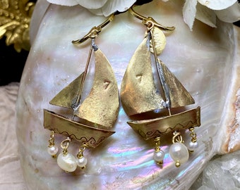 Lilygrace Earrings Handmade Handcut Brass  Simple Sailing Boat with Vintage Freshwater Pearls