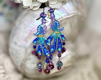 Lilygrace Blue Purple Peacock Earrings with Freshwater Pearls, Garnet and Vintage Glass Beads
