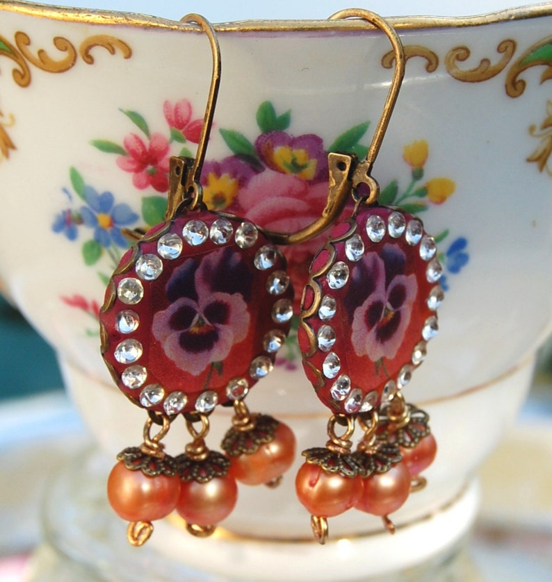 Lilygrace Vintage Pansy Cameo Earrings with Vintage Rhinestones and Freshwater Pearls image 2