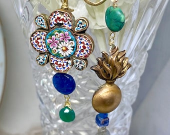 Lilygrace Treasure Earrings with Gemstones, Italian Micro Mosaics, and Vintage Brass Charm