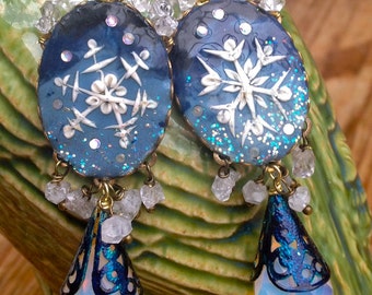 Lilygrace Snowflake Cameo Earrings with Opalite briolettes and Double Point Rock Crystals