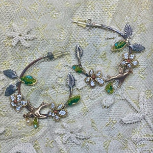 Lilygrace Hoop Bird Earrings with Handbeaded Flowers and Leaves Freshwater Pearls and Hand Hammered Brass Wire image 6