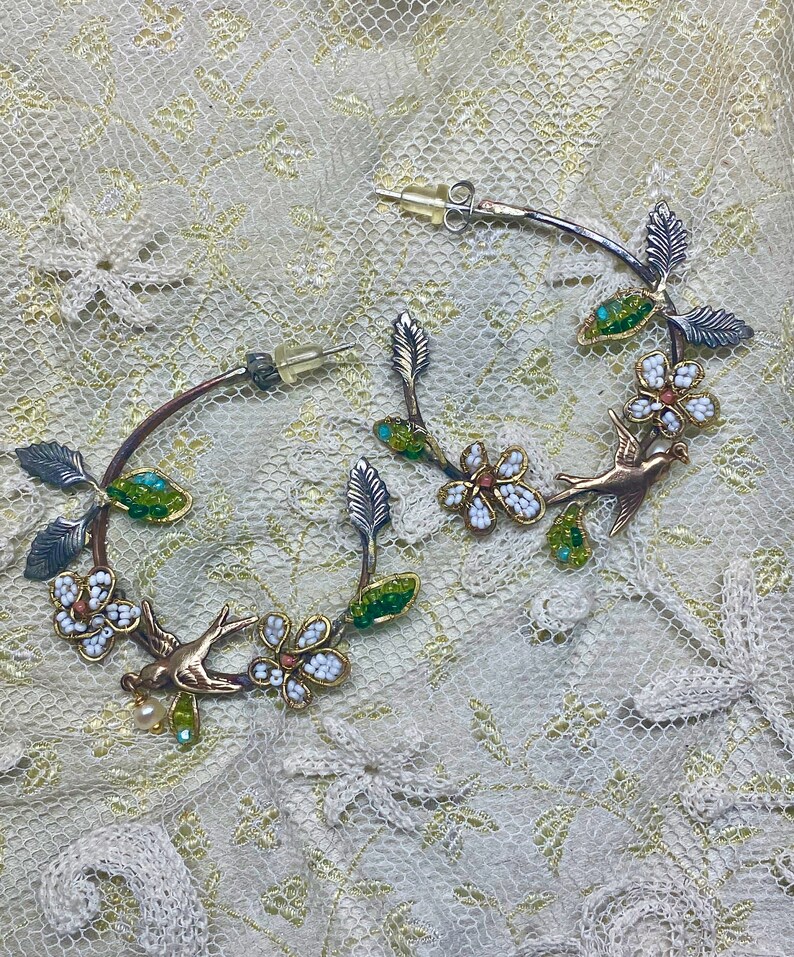 Lilygrace Hoop Bird Earrings with Handbeaded Flowers and Leaves Freshwater Pearls and Hand Hammered Brass Wire image 6