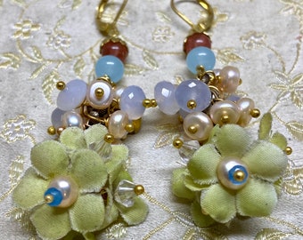 Lilygrace Earrings Flower Trails with Vintage Freshwater Pearls and Blue Chalcedony, and Vintage Glass Beads