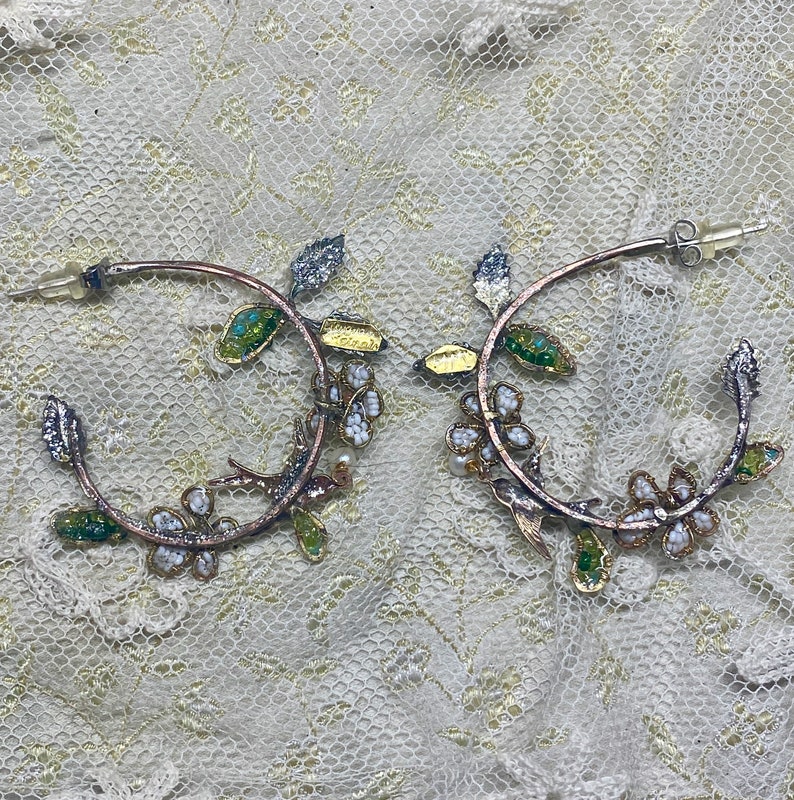 Lilygrace Hoop Bird Earrings with Handbeaded Flowers and Leaves Freshwater Pearls and Hand Hammered Brass Wire image 7