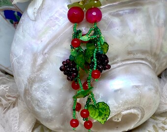 Lilygrace Earrings Trails of Hand Beaded Fruit with  Garnets, Apetite and Jade