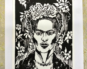 Lilygrace Print - Frida with  Flowers Linocut Print on Japanese Bamboo Paper