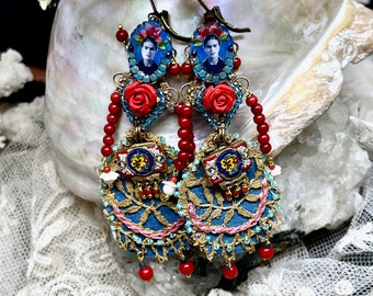 Lilygrace Frida Doll Earrings, with Vintage Lace, Suede, Micro Mosaic, Coral, Jade, Poly Clay,  Rhinestones and Vintage Seed Glass Beads