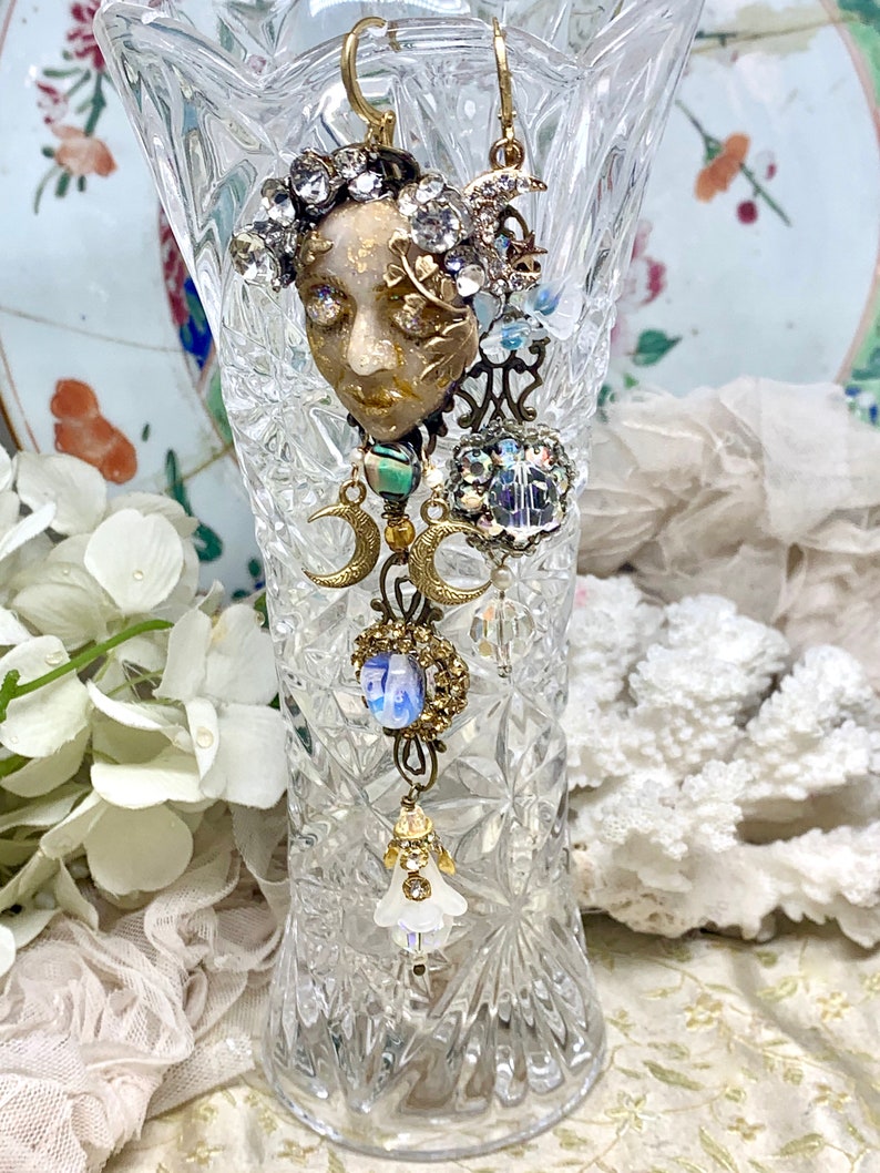 Lilygrace Earth Goddess Statement Earrings with Opalite Glass Freshwater Pearls and Vintage Rhinestones