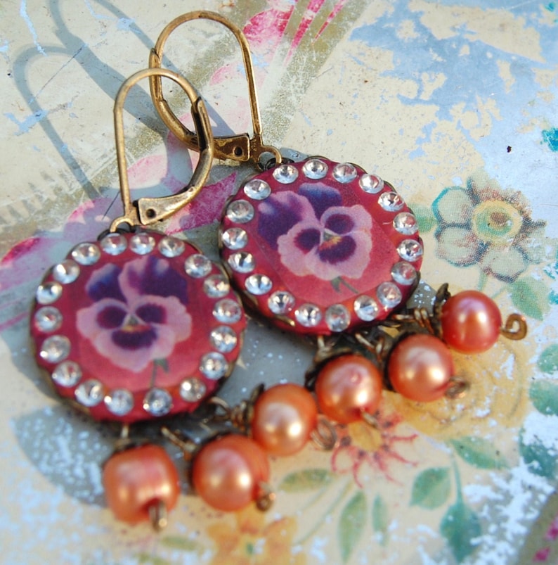 Lilygrace Vintage Pansy Cameo Earrings with Vintage Rhinestones and Freshwater Pearls image 1